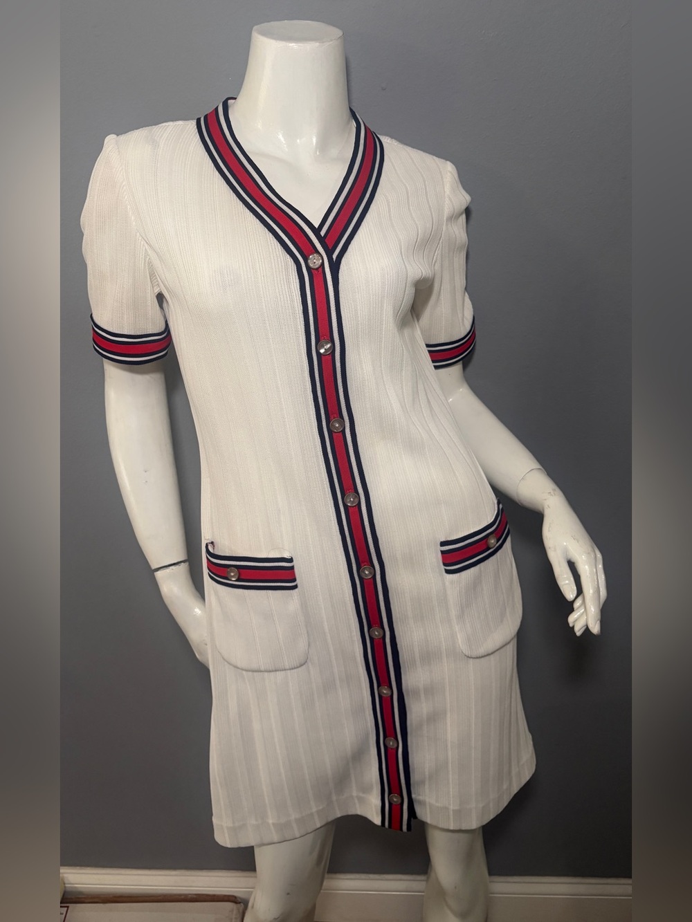 Leslie Fay White Mini Dress with Red & Navy Trim